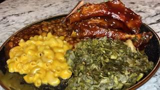 #cookingwithKandie : Grilled BBQ Ribs, greens, Mac and cheese, & baked bbq beans! + Mukbang 