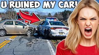 Dumb Karen Destroys Police Car, Thinking It’s Mine To “TEACH Me a Lesson”! 