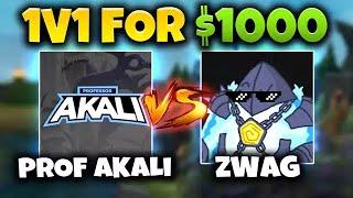 Professor Akali vs. Zwag 1v1 for $1,000 (CRAZIEST 1v1 EVER)