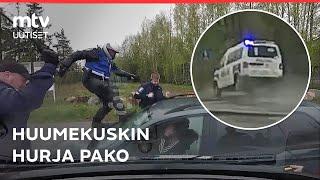 Poliisi rikkoi ikkunat ja potki tuulilasia - huumekuskin pako tallentui poliisiauton kameraan