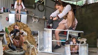 Girl designs her own repair equipment rack for motorbikes and convenient pet care rack.