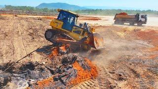 Beautiful!! Working Dozer Shantui Equipment Soils Pushed Removing With Dump Truck Unloading