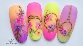 Gel polish ombre with flower nail art.   Beautiful spring flowers nail design