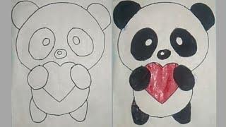 How to draw a cute Panda Holding a Heart