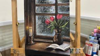 Cozy Rainy Day Window | Acrylic Painting Tutorial |Step -by - Step