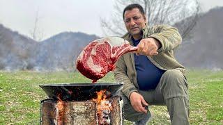 Juicy Steak Cooked on a Finnish Candle! Wild Cuisine in the Mountains of Azerbaijan