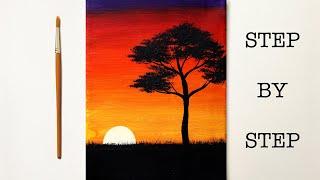 Easy Sunset for Beginners | Acrylic Painting Tutorial Step by Step ( ENG SUB )