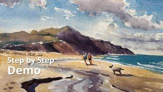 Landscape Painting Tutorial Watercolour - Beach Scene with clouds