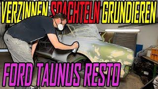 Die LACKIERARBEITEN gehen los! SPACHTELN und SCHLEIFEN ohne ENDE + RADLAUF VERZINNEN am FORD TAUNUS