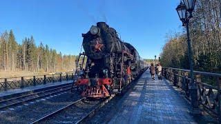 Полный разворот паровоза поезда  «Рускеальский экспресс» на станции Горный парк «Рускеала»