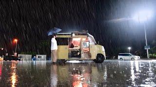 Heavy Rain Stealth Car Camping at Midnight Rest Stop.