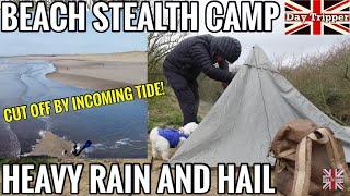 Surviving A Beach Stealth Camp In Heavy Rain and Hail Storm - Stranded By The Rising Tide