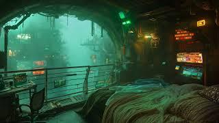  Cozy Balcony: Rain and Dark Ambient Music | Cyberpunk Bedroom over the City | 4K | 10 hours