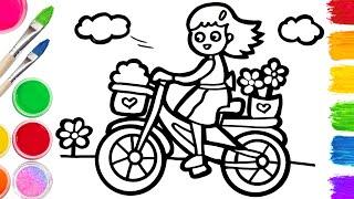 Drawing, Painting and Coloring a Girl riding a Pink Bycicle | Easy Step By Step