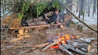 Surviving a Bitter Cold Night in the Wilderness (3°F) No Tent or Sleeping Bag in a Primitive Shelter