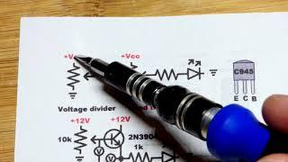 Voltage divider amplified with NPN BJT emitter follower Electronzap learning electronics lesson 0016