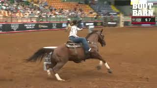 Laura Mote barrel racing record with a 12.967-second run