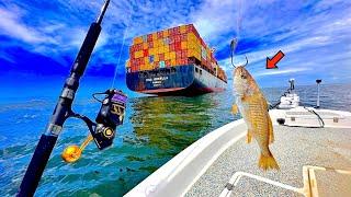 Fishing a LIVE! CROAKER under this FREIGHTER Ship in the GULF for my DINNER! [Catch, Clean, Cook]