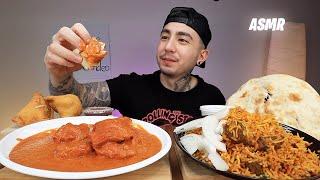 ASMR EATING Indian Butter Chicken, Lamb Biryani, Vegetable Samosas *No Talking*