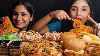 Eating Dahipuri,spicySchezwan Noodles,pizza,Chicken sawarma roll,Chicken sawarma Burger,Pastry
