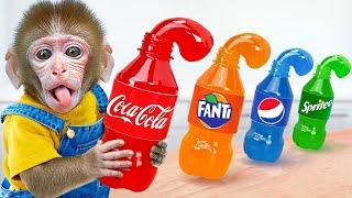 Monkey BuBu Makes Rainbow Jelly Bottle and Goes shopping Food at the Supermarket - MONO BUBU ESP