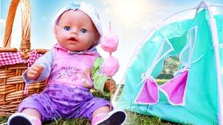 Baby born doll goes camping. Feeding baby bear with the baby doll. NEW Dolls & toys for kids.