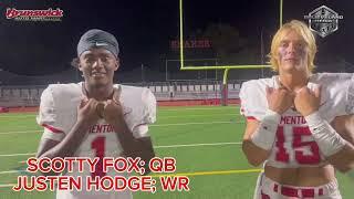 Mentor Cardinals Scotty Fox, Justen Hodge & coach Matt Gray after their 45-6 win over Shaker Heights