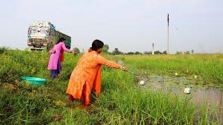 Fishing Video | Road site HOOK Fishing | Beautiful lady catching fish in village road site canal