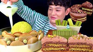 ASMR 두바이 초콜릿 케이크와 메론카스터드&메론우유 말차푸딩 먹방~! Dubai Chocolate Cake With Melon Bread & Melon Milk MuKBang~!