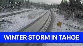 Winter storm preparations as Lake Tahoe sees snow | KTVU