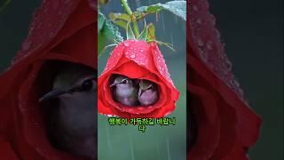 장미꽃 속에 비를 피하는 새