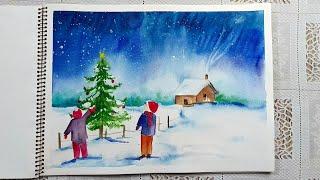 Easy Watercolor Winter Landscape Scenery Painting Tutorial Step by Step  for Beginners / Full Video