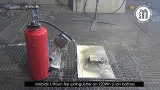 Mobiak Lithium fire extinguisher on 120Wh Li ion battery . Urządzenie gaśnicze do baterii litowych