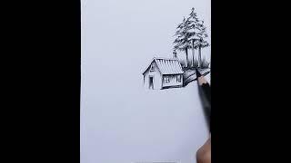 How to draw a easy pencil sketch of landscape having house, tree and stone. #drawing