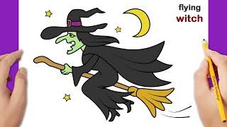 How to draw a witch on a broom easy | Halloween Drawing