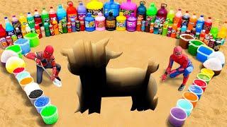 Spiderman & Giant Toothpaste Eruption From Goat Pit, Big Coca Cola and Balls, Mtn Dew vs Mentos!