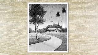 Village Landscape Drawing with Pencil, Nature Scenery drawing for beginners