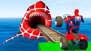 Superheroes by Quad Bike ride over the sea on the Spider-Man Bridge GTA 5 (Spider Shark Jumps)