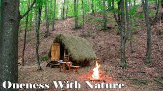 A house in the forest from start to finish.A warm shelter for survival in the wild forest.