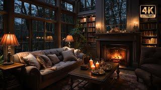 Cozy Living Room with Thunderstorm & Crackling Fireplace Ambience | 4K ️️