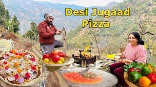 Desi Jugaad Pizza ghar pe | Cooking pizza on wood fire without oven | Couple Left City Life