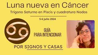 Luna Nueva en Cáncer POR SIGNOS Y CASAS con aspectos a Nodos del Karma y Saturno en Piscis