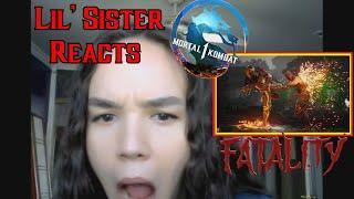 WE GOT HER! (kinda) | Lil' Sister Reacts to MORTAL KOMBAT 1 FATALITIES