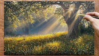 How to draw a landscape painting with sun rays - Wildflower scene in the forest / A Lu Art.