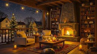 Soft Jazz in Cozy Cabin Balcony Ambience on Quiet Night Winter  Warm Fireplace & Snow to Chill Out