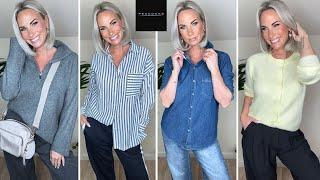 SPRING FASHION TRENDS HAUL TRY-ON PEACOCKS HIGHSTREET LOUISE REDKNAPP DENIM WIDE LEG PALAZZO KNITS