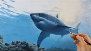 Painting a realistic great white shark in its natural habitat - underwater painting