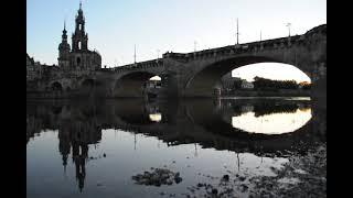 Marien Bridge and the  Cathedral of the Holy Trinity in Dresden, Germany