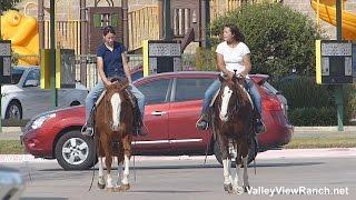 Corrina and Sheila - riding in town - Valley View Ranch