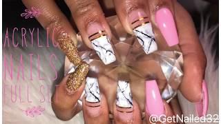 Acrylic Nails Tutorial | Pink Coffin Marble Nails